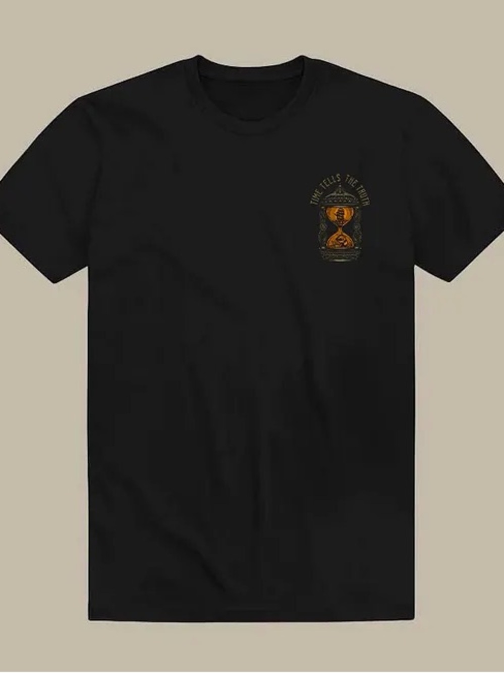 Men's Black Graphic Tee “Time Tells The Truth” with Gold Hourglass Print - Picture 2 of 3